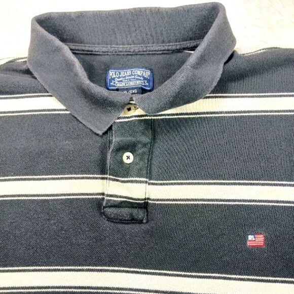 Polo Jean Company Ralph Lauren Men's XL 2 Button Grey/Cream Stipe Polo. Vintage. - Picture 9 of 12